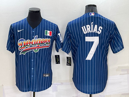 Men's Los Angeles Dodgers #7 Julio Urias Navy Mexico Rainbow Cool Base Stitched Baseball Jersey - Click Image to Close